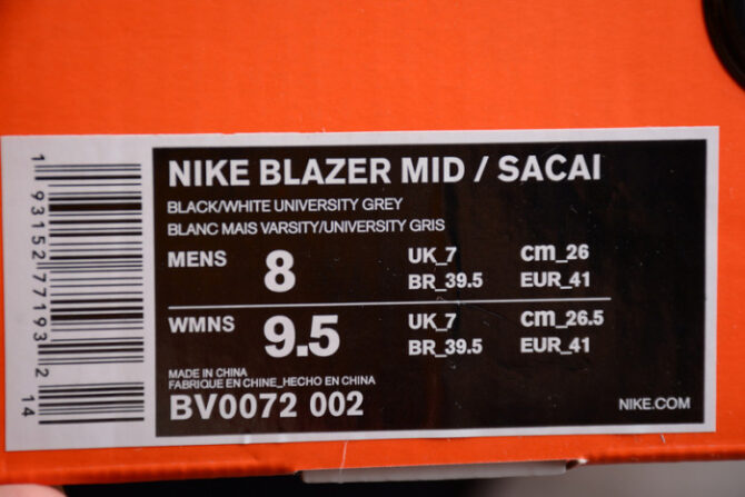 SACAI X NIKE BLAZER MID BLACK GREY BV0072-002 - Image 2